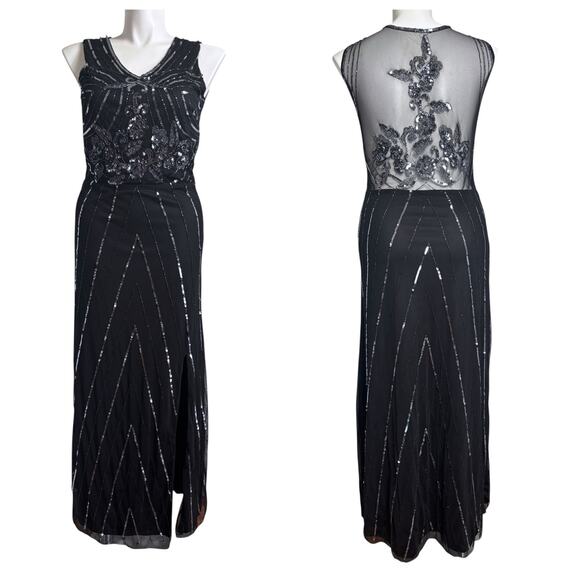 Black Sequin Illusion Sheer Maxi Dress Size Large Glam Great Gatsby Art Deco - Picture 1 of 11
